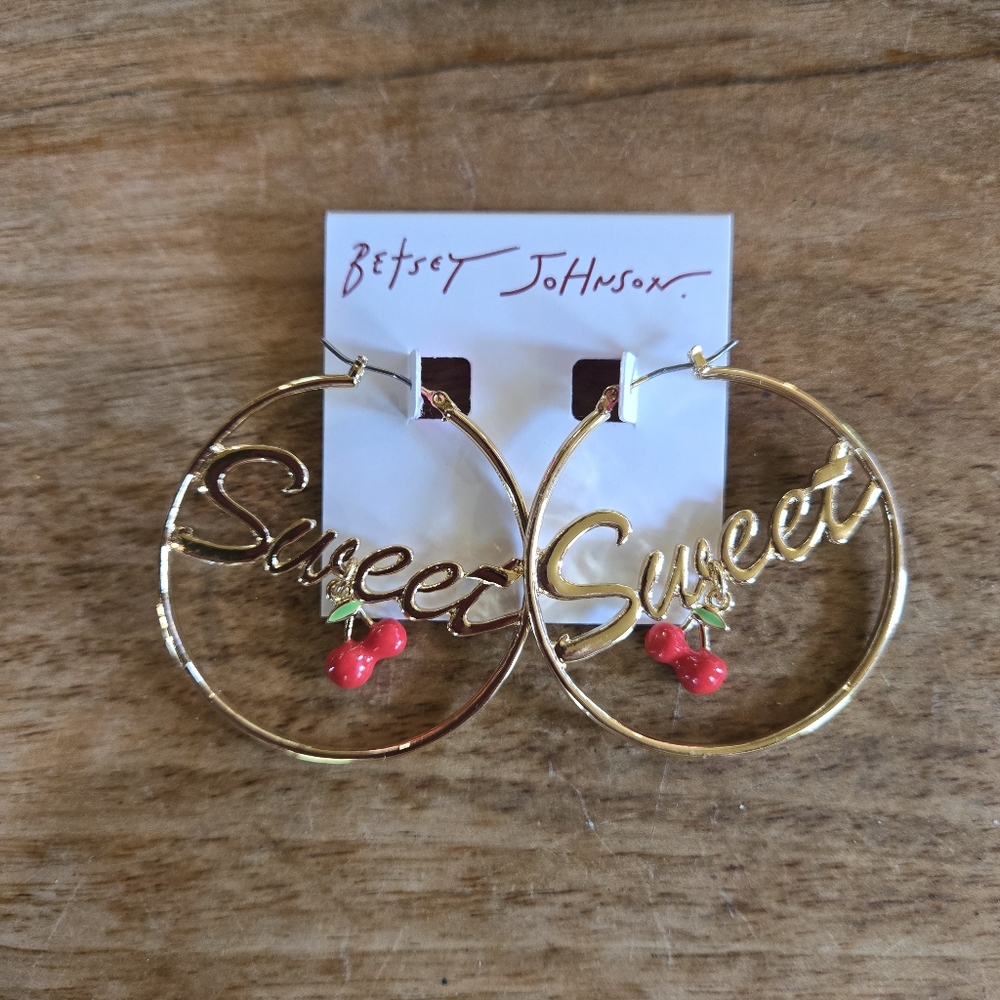 Betsey Johnson Gold Hoop Earrings with Red Cherry Accents